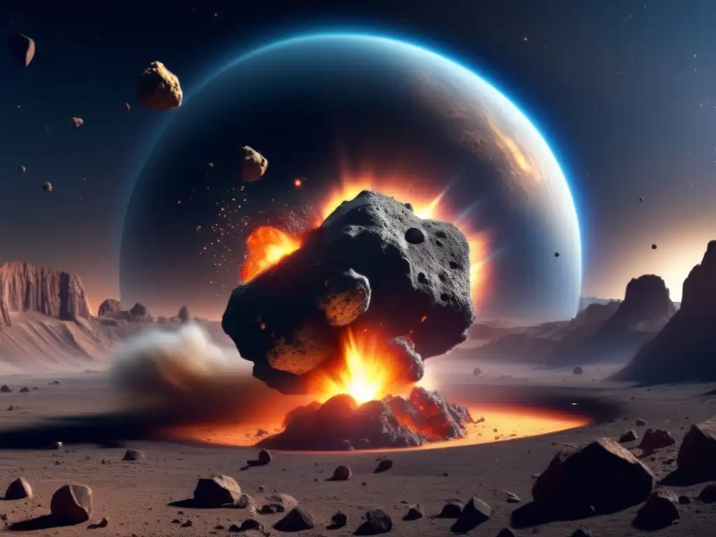 A photorealistic depiction of two asteroids colliding, causing a spectacular explosion of debris and dust within a dark and massive space