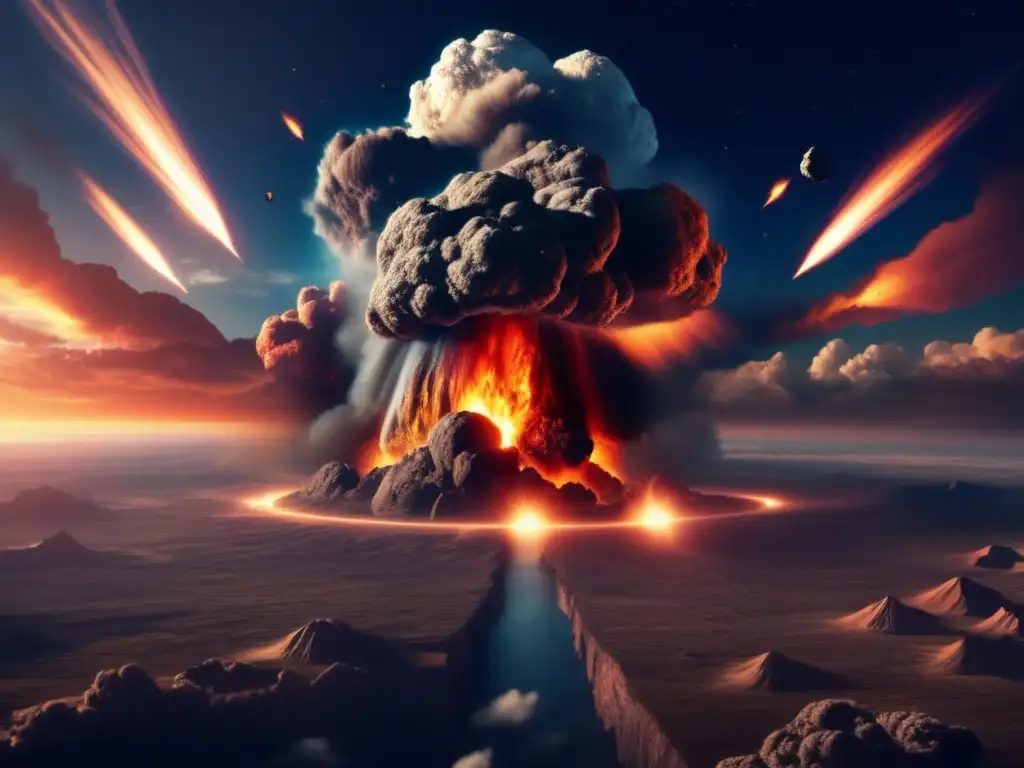A photorealistic image of a massive asteroid colliding with Earth's atmosphere causes a massive explosion that leaves smoke and debris in its wake