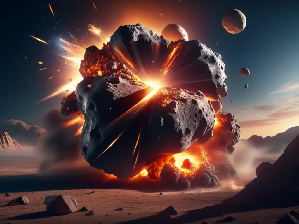 A photorealistic depiction of a devastating asteroid impact on Earth, with a massive explosion visible from space -