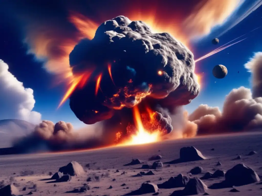 Meteorite explosion on a blue-gray planet with swirling clouds and debris flying in all directions