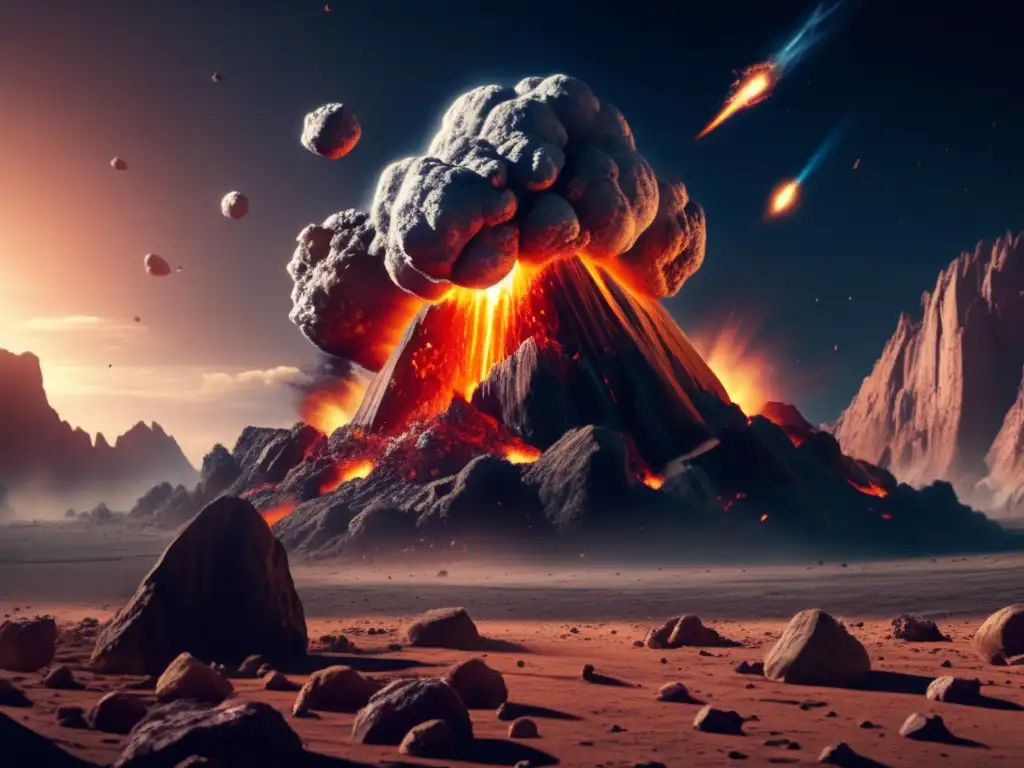 An asteroid crash punctures the Earth's surface, exploding with fiery fragments, causing catastrophic destruction, leaving a scarred terrain behind