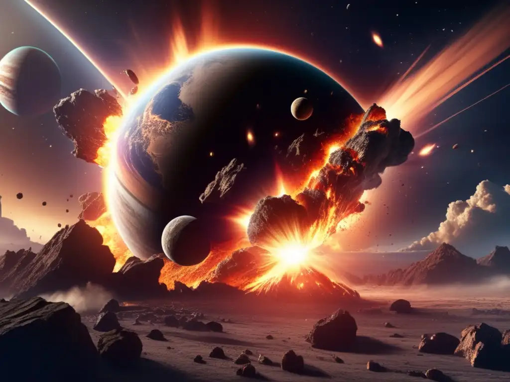 A photorealistic depiction of a planet's catastrophic collision with an asteroid, illustrated with intricate details of the impact and flares created by the collision
