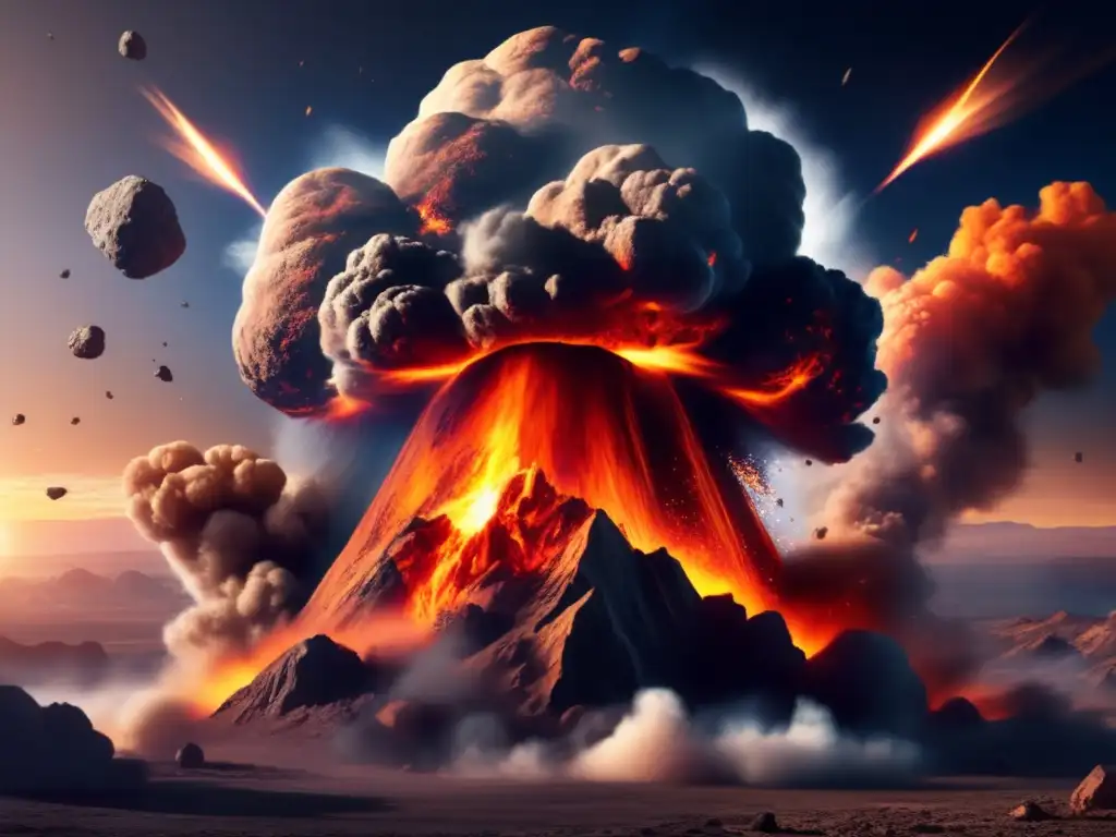 An exploding asteroid crashes into the earth, causing a massive explosion and billowing smoke and ash