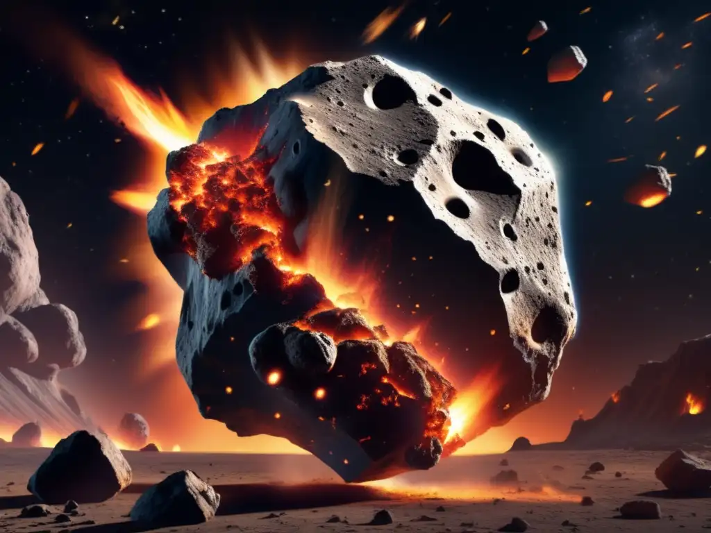 Dash - A breathtaking photorealistic image of an asteroid in space with an area of impact visible, surrounded by flames and debris