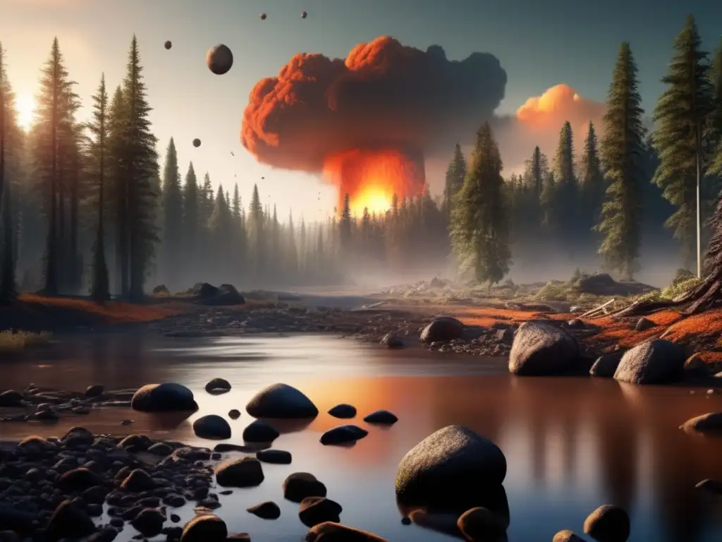 Dash: Fragile forest landscape endures asteroid impact - trees decimated, debris scattered, nearby asteroid looms above