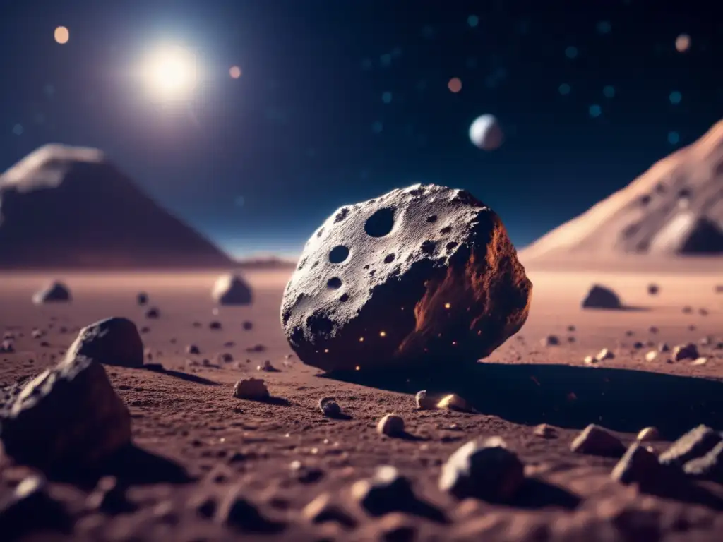 Asteroid with impact craters in high resolution, Earth in the background for scale