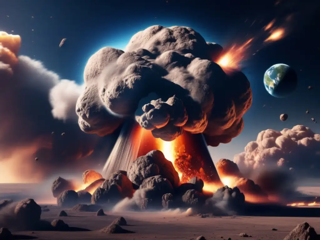 Asteroid Impacts on Earth: an intense explosion captured by satellite, detailing smoke and dust clouds in lifelike clarity