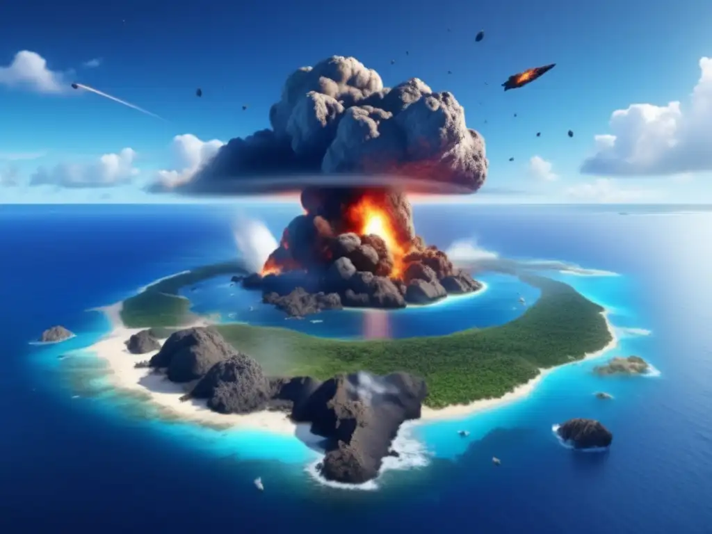 An alarming photorealistic depiction of an asteroid impact on a small Pacific Ocean island nation, with devastating destruction and debris scattered in the wake