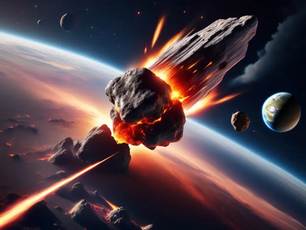 A captivating photorealistic depiction of a massive asteroid on a collision course with Earth