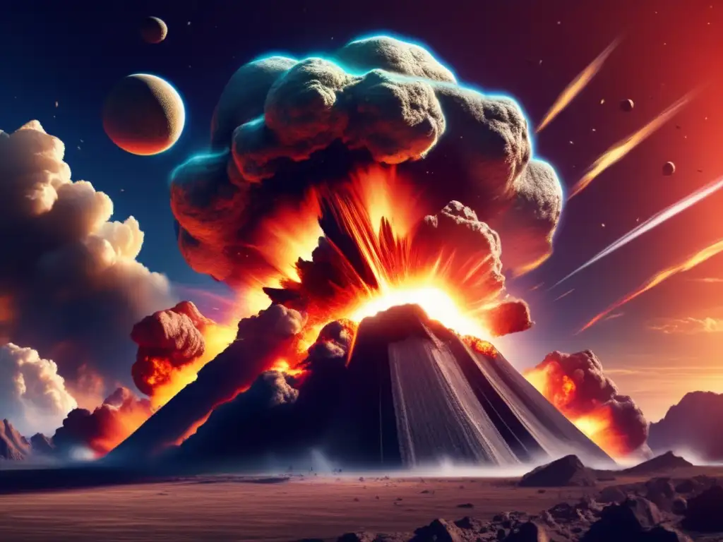 A 2D photorealistic illustration of a giant asteroid colliding with Earth in a catastrophic explosion, leading to the extinction of dinosaurs