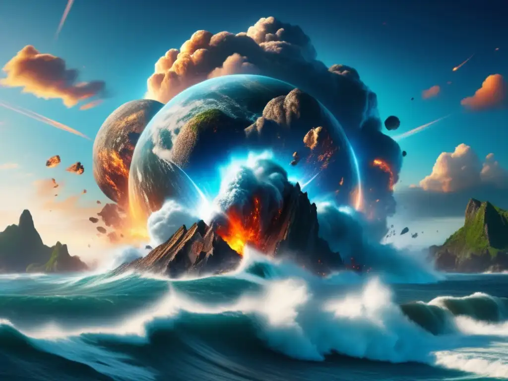 A photorealistic depiction of Earth's fate, with a colossal asteroid descending upon its oceans