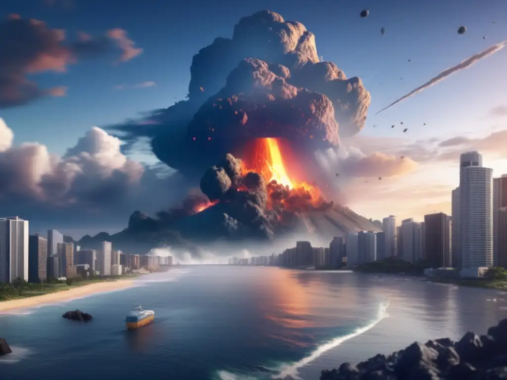 A haunting vision of devastation: A colossal asteroid slams into a coastal metropolis, triggering a catastrophic megatsunami that ravages everything in its path