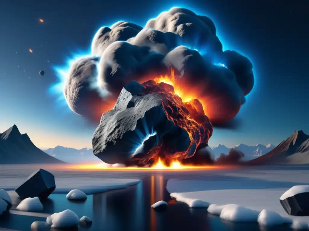 Asteroid Impact: Photorealistic image of an asteroid colliding with Earth, causing widespread melting and burning of ice