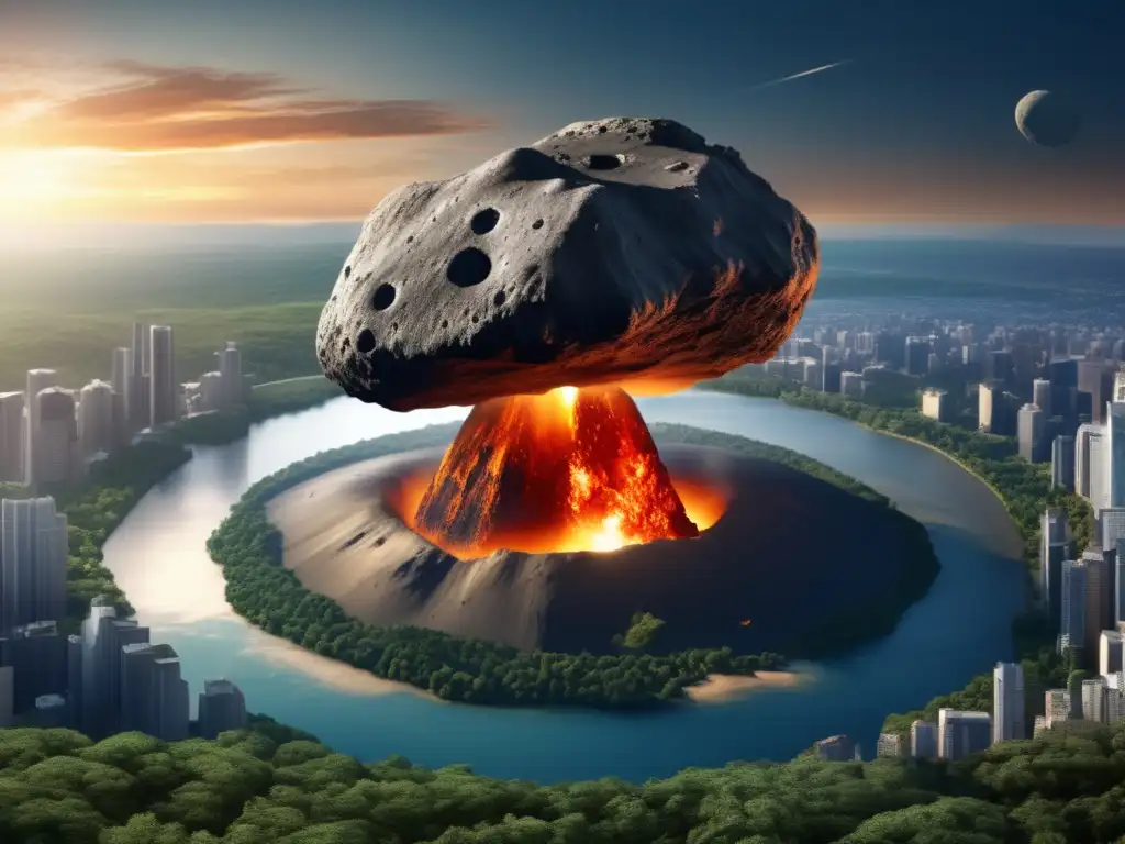 An asteroid looms over a bustling city skyline, its deep pits and scars a stark reminder of the destruction it caused