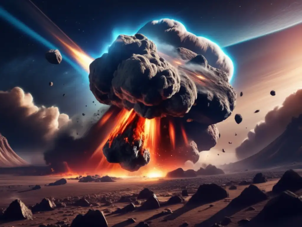 Striking illustration of a monstrous asteroid speeding towards Earth, reminiscent of the biblical story of Noah's Ark, with asteroids looming in the background