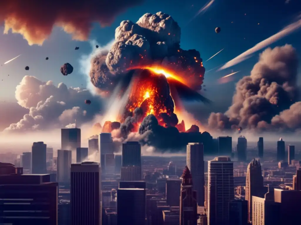 An apocalyptic scene unfolds as a moon-sized asteroid smashes into a city skyline, causing widespread devastation and chaos