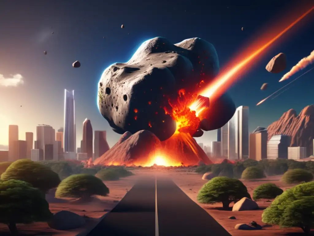 Planetary catastrophe: A hyperboloid asteroid impacts Earth, causing destruction to structures and sparking chaos