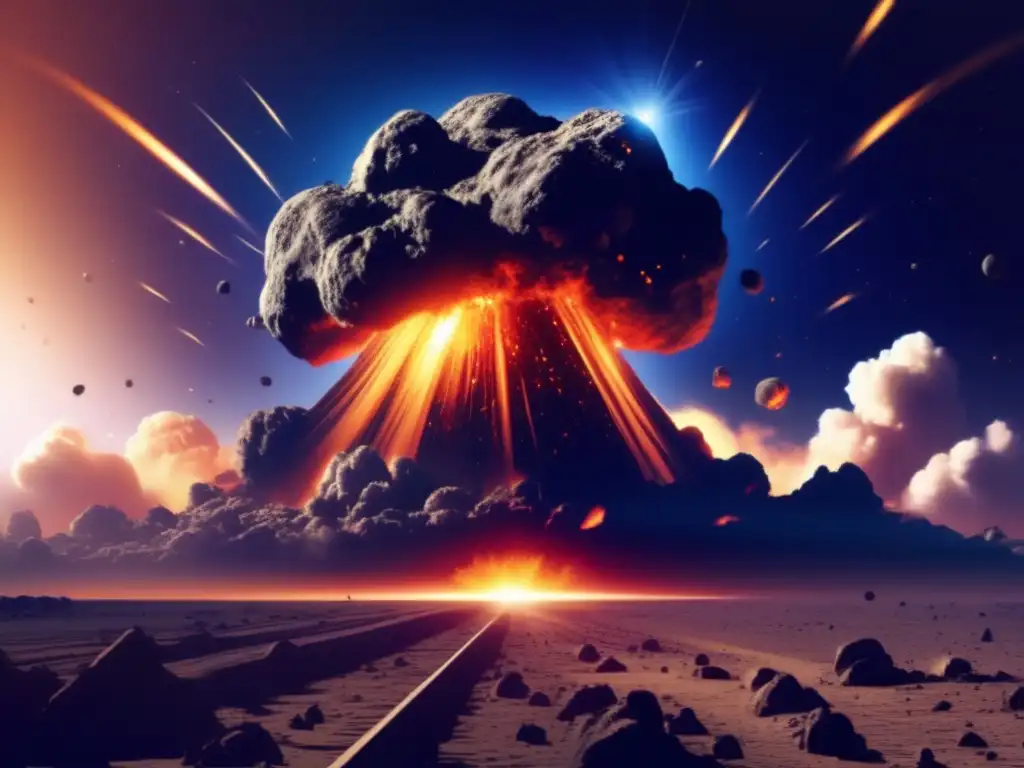 A cataclysmic event unfolds as a massive asteroid collides with Earth, spewing debris into the atmosphere while casting shadows in the background