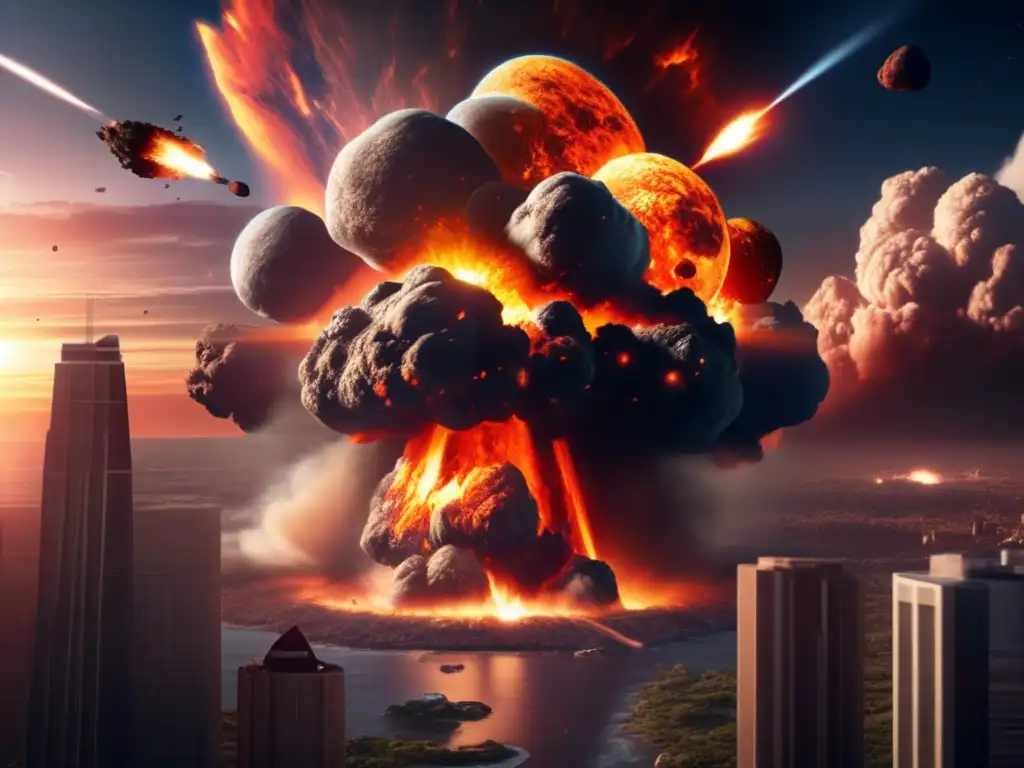 A photorealistic depiction of an impending asteroid collision with Earth, featuring smoke, explosion, and detailed terrain