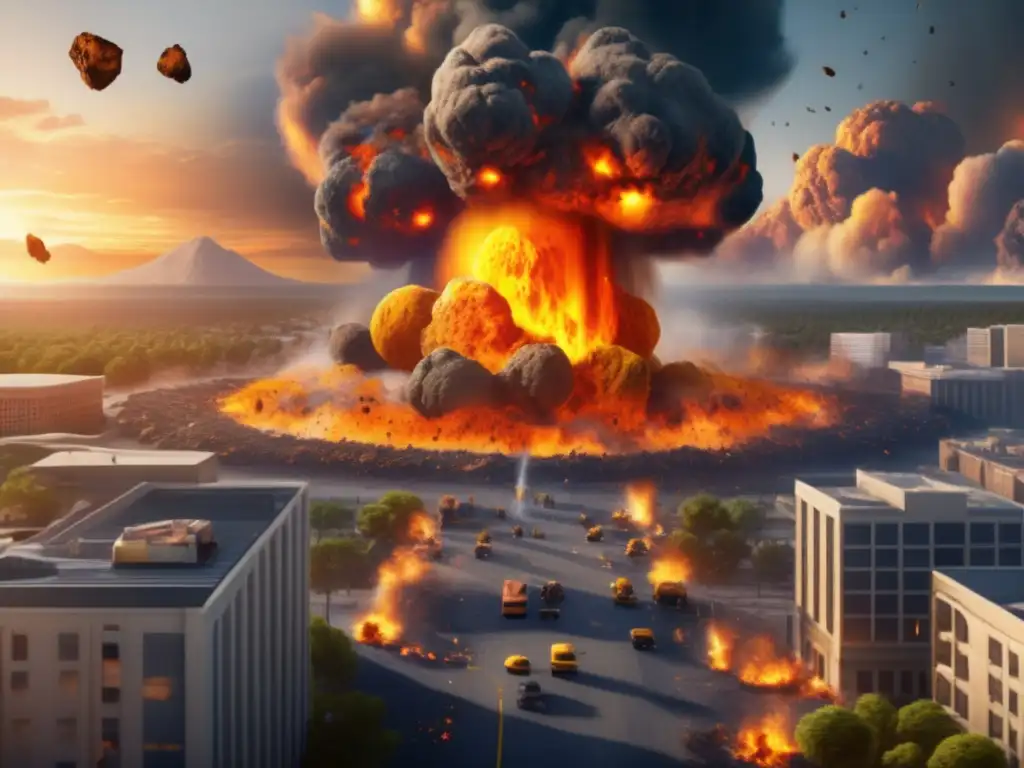 A photorealistic depiction of an asteroid impact on Earth: massive destruction, smoke and debris, buildings and vehicles on fire