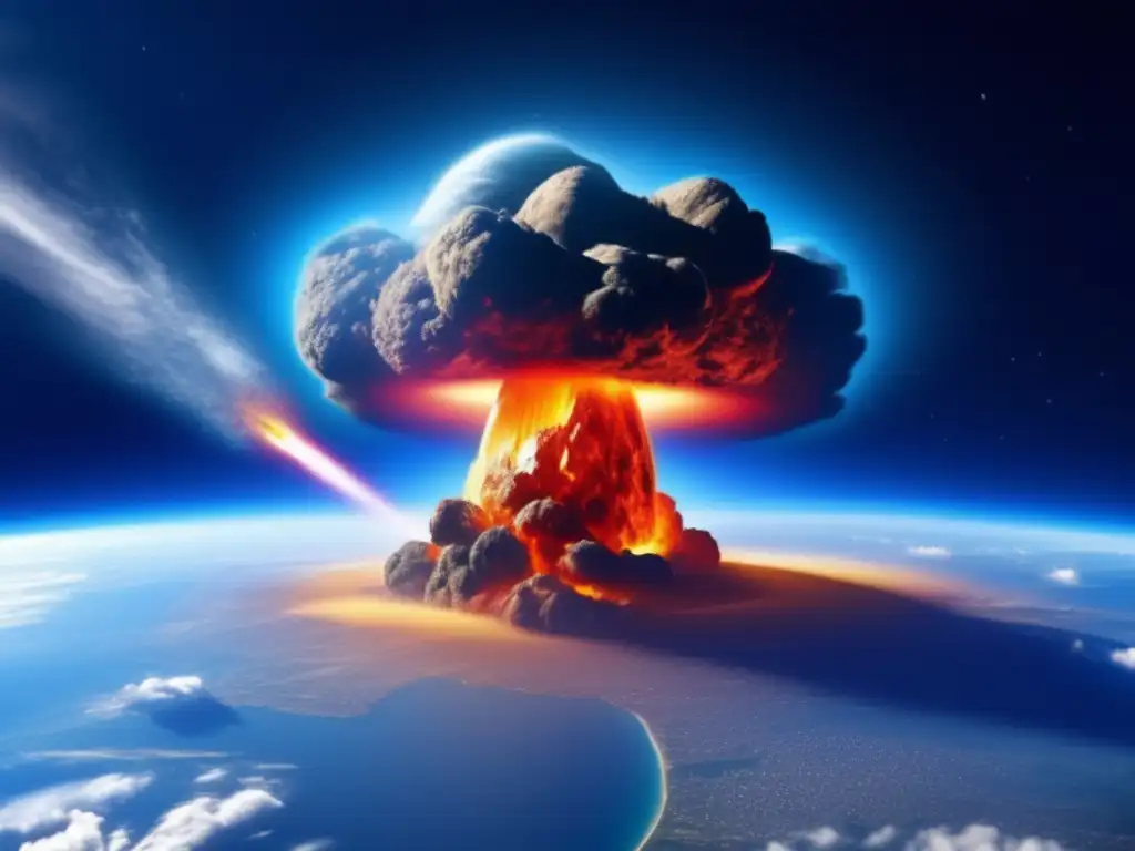 A highly detailed photograph of an asteroid impact on Earth's atmosphere, revealing the intense heat and gases caused by the collision