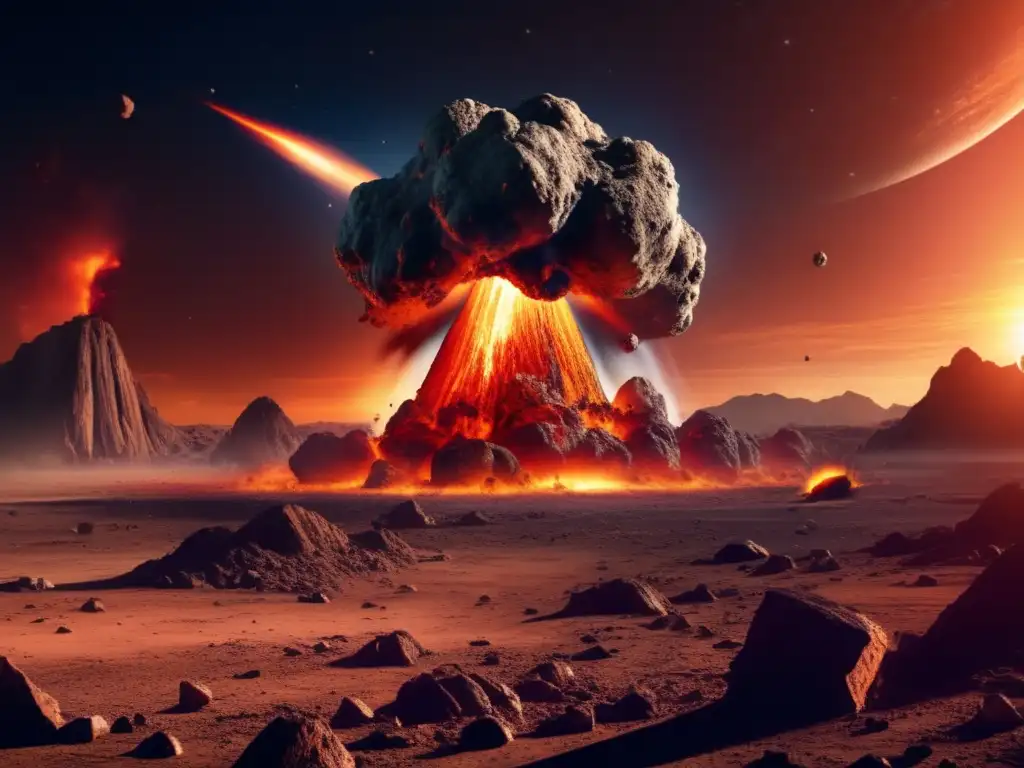 Dazzling photorealistic depiction of catastrophic asteroid impact on a vibrant planet, evoking fear and awe as fiery debris soars into the cosmos, obliterating the landscape and altering the planet's identity, with stunning hues and meticulous detail