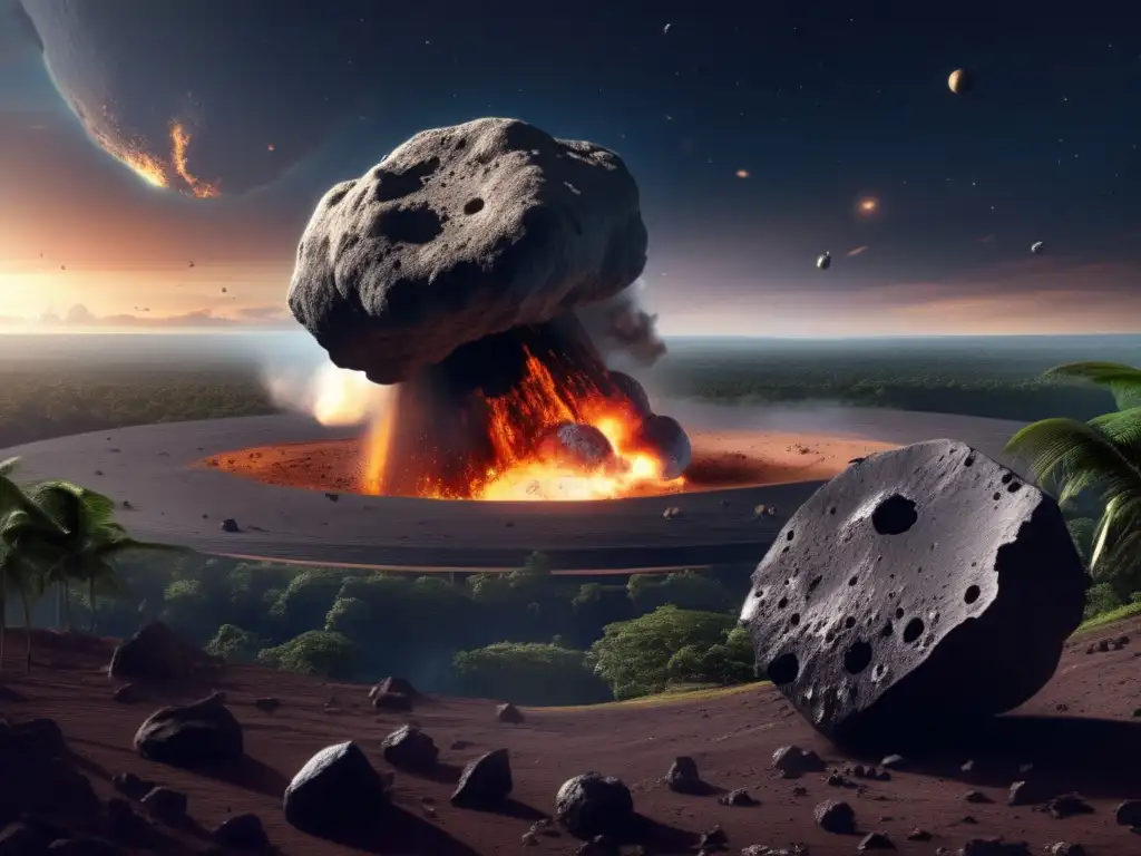 A painting of the aftermath of an asteroid impact on an astronomical observation site in the Amazon rainforest