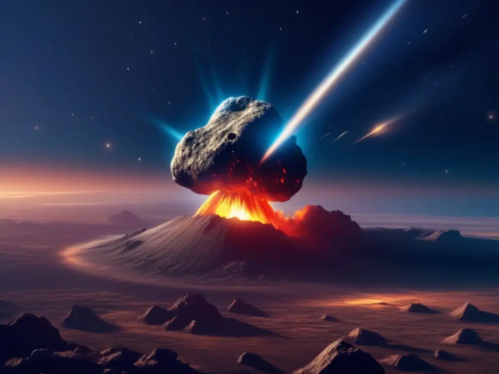 An asteroid plummets down the sky, lighting up the atmosphere, in a photorealistic style