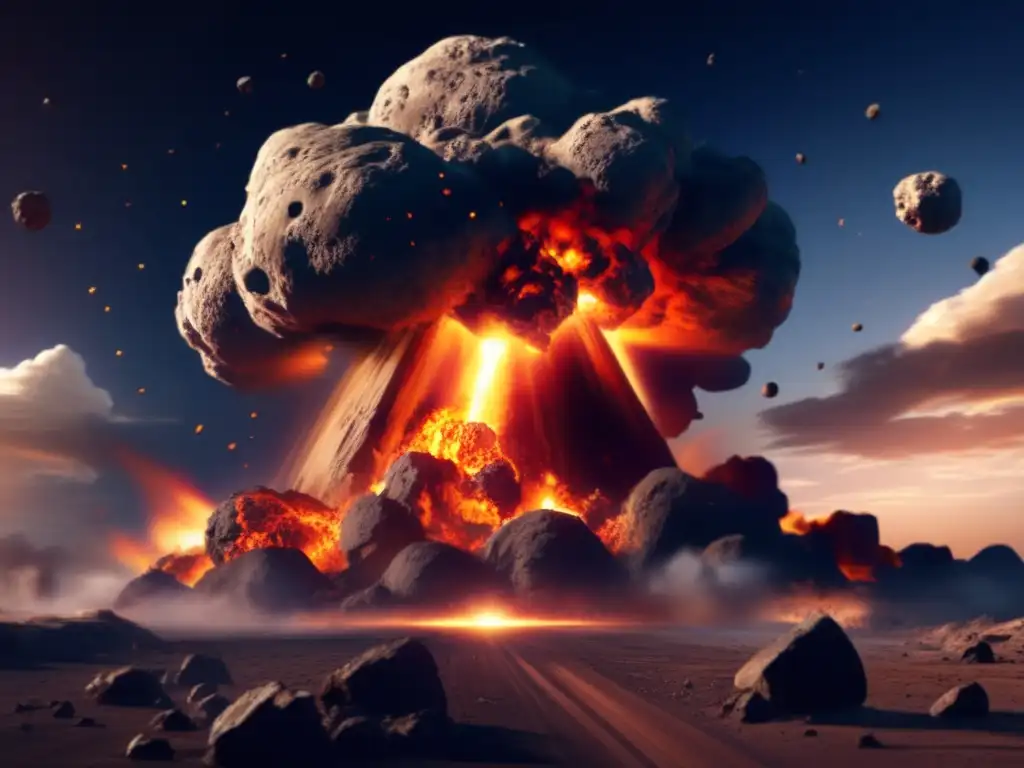 A digital artist's depiction of the cinematic asteroid impact leaves the Earth crumbling and on fire