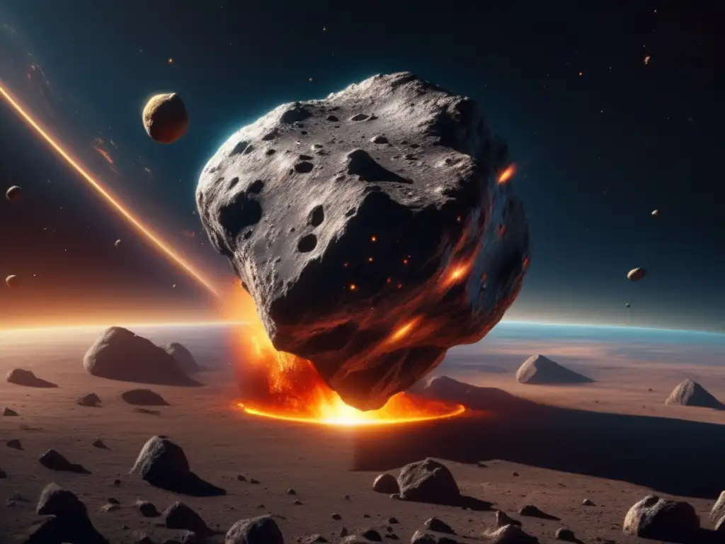 A photorealistic image of an asteroid hurtling towards Earth with intense detail, displaying its jagged surface and irregular shape