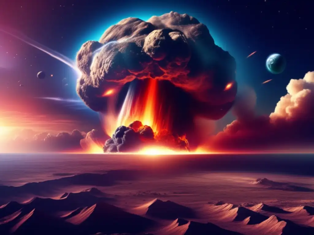 A photorealistic digital illustration captures the moment of impact, with a massive asteroid crashing into Earth's surface