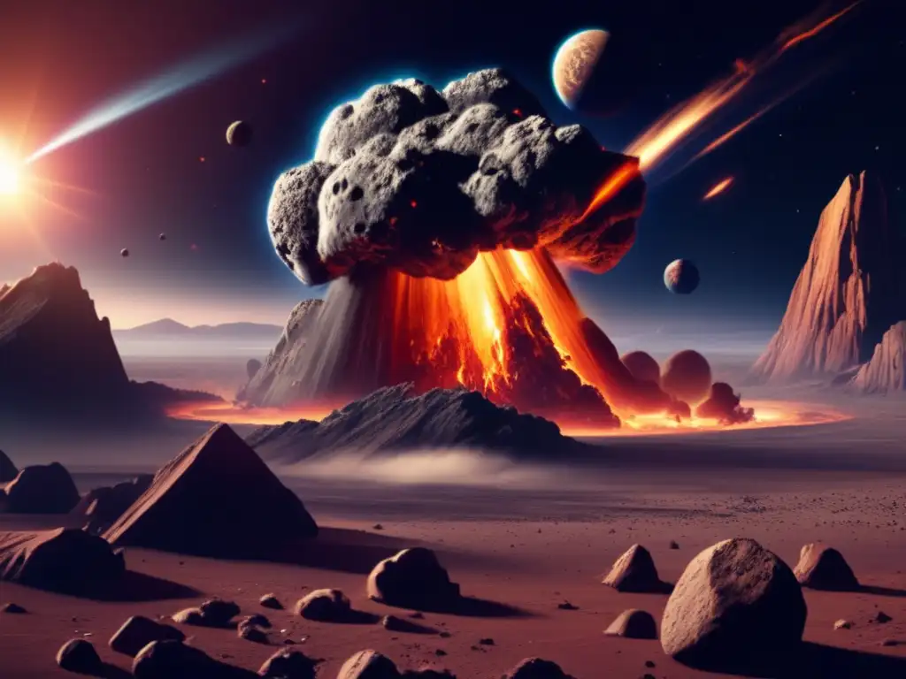 An awe-inspiring photorealistic image captures the devastating impact of an asteroid on a planet's surface, causing widespread destruction and debris