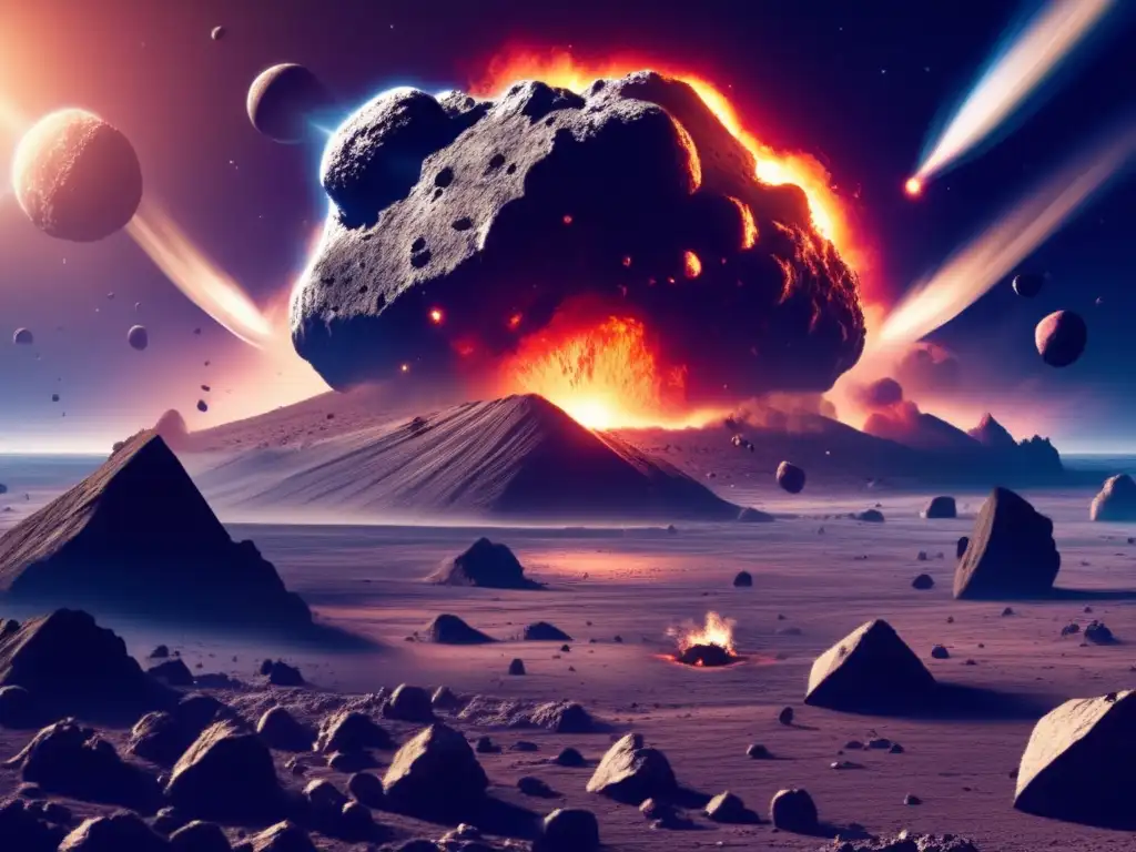 An asteroid impacts a planet, causing widespread destruction and debris