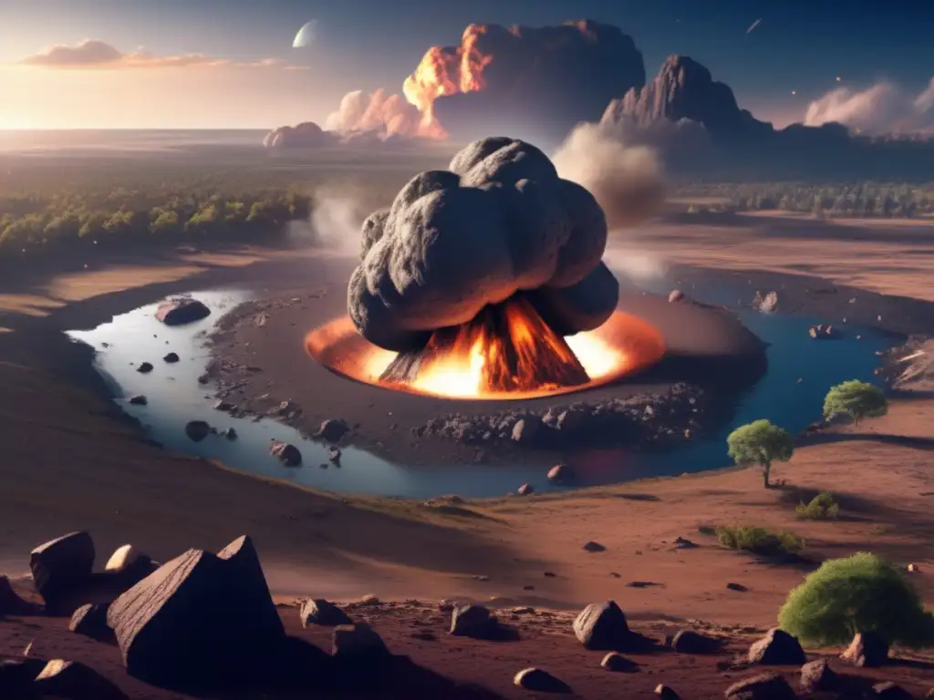 A photorealistic image of an asteroid impact on Earth shows the devastation caused by the crash