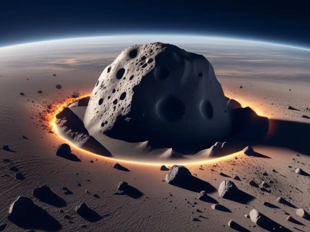 Photorealistic depiction of an asteroid impact site, showcasing seismic activity and destruction caused by the impact