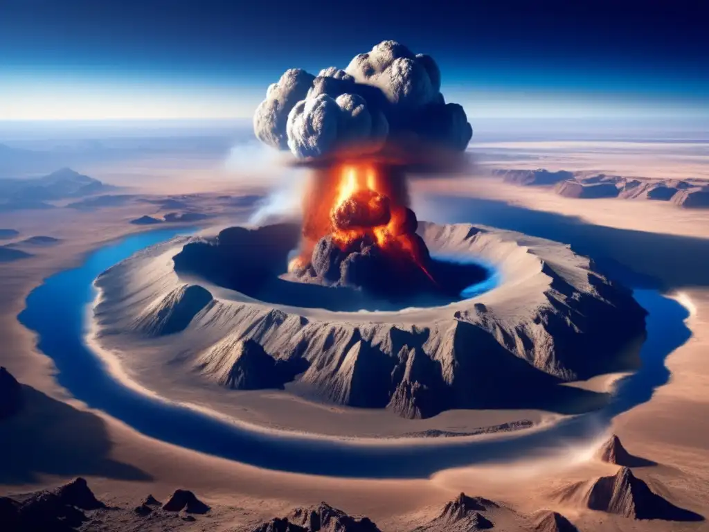 A stunningly realistic depiction of an asteroid impact site in a rugged desert landscape