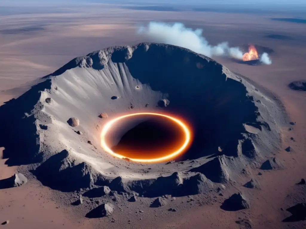 An asteroid impact site on Earth, with a colossal crater spanning hundreds of meters and debris scattered around it