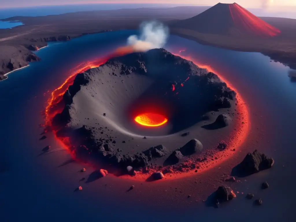 An immense asteroid impact site in the Pacific, surrounded by dark volcanic rock, dust, and debris, extending outward with smoke and particles