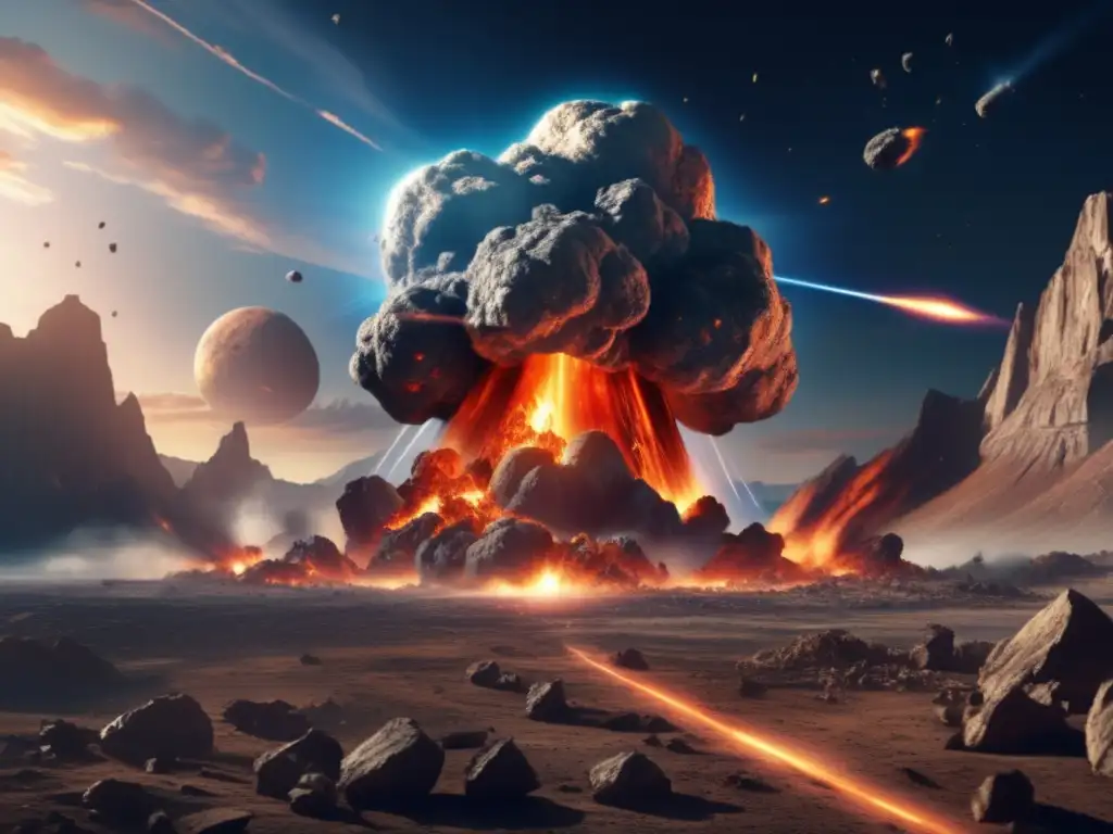 A catastrophic asteroid impact on Earth, in photorealistic style, captures the devastation and chaos surrounding the impact site