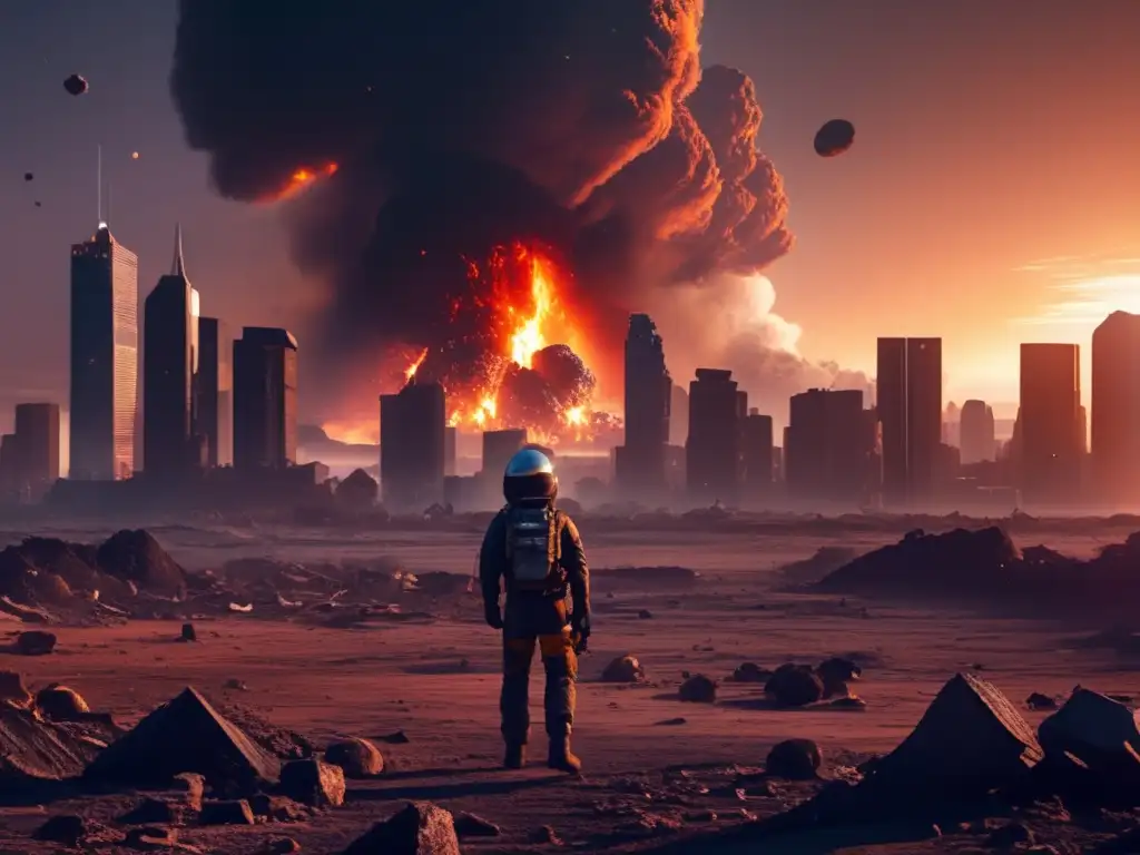 Dash: 'Towering skyscrapers stand tall amidst a barren, rubble-strewn Earth, in the post-apocalyptic aftermath of an asteroid impact