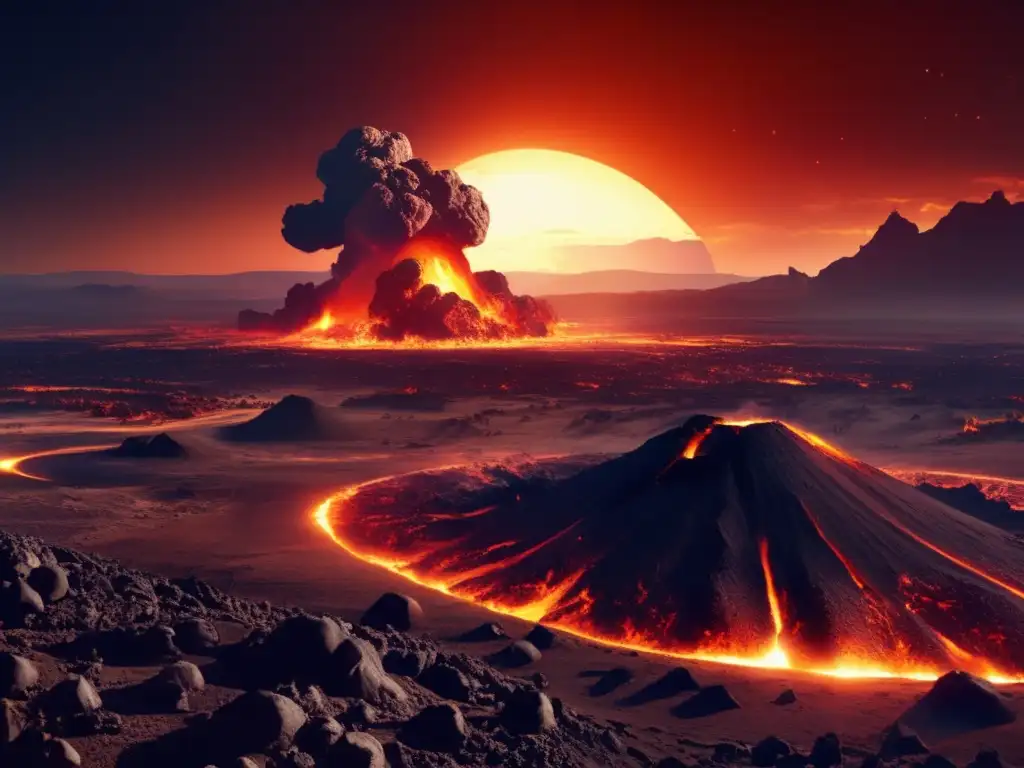 A massive asteroid impact on Earth's surface, with molten lava, debris, and destruction spreading out as far as the eye can see