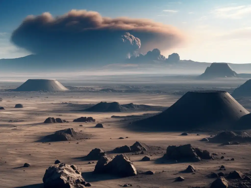 A barren wasteland, photorealistically rendered, with asteroid impact remnants visible