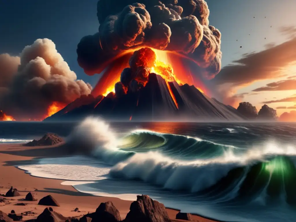 A photorealistic image of an asteroid impact on Earth, with a clear view of a giant tsunami wave pushing up a nearby body of water