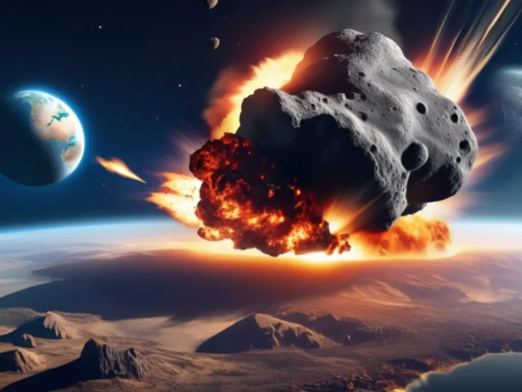 The asteroid's collision with Earth explodes in a fiery explosion, with debris, smoke, and flames filling the impact zone