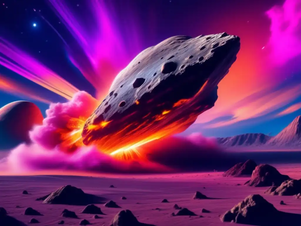 A photorealistic image of a colossal asteroid looming above Earth, its surface churning with debris and radiation
