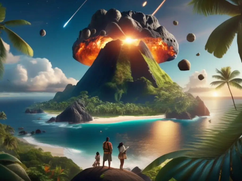 Intense staring and wide-eyed expressions on the faces of the island inhabitants as they stand in awe of the immense asteroid looming above them, surrounded by the striking beauty of their native land's rich foliage and rugged landscapes-