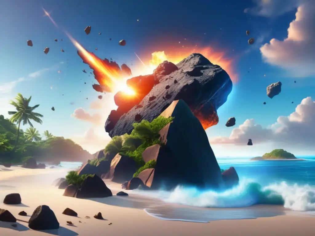 An asteroid crashes into a tropical island in this highly detailed, photorealistic illustration