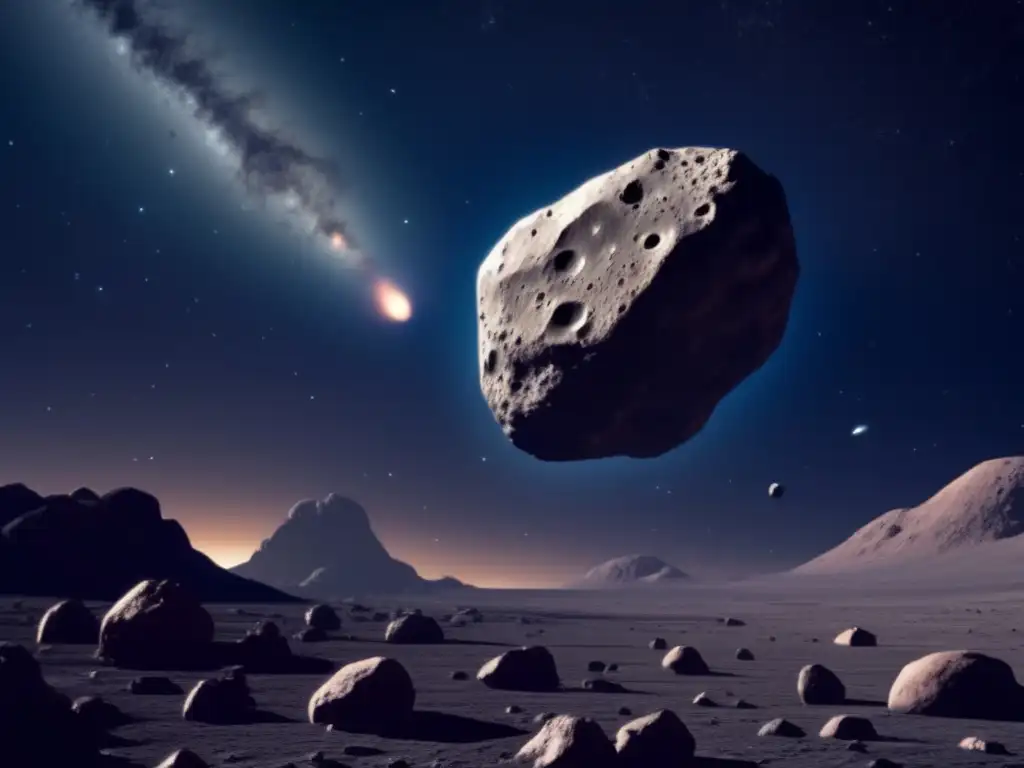 Asteroid: Small, rocky object with jagged edges, floating in sea of blackness, surrounded by few others