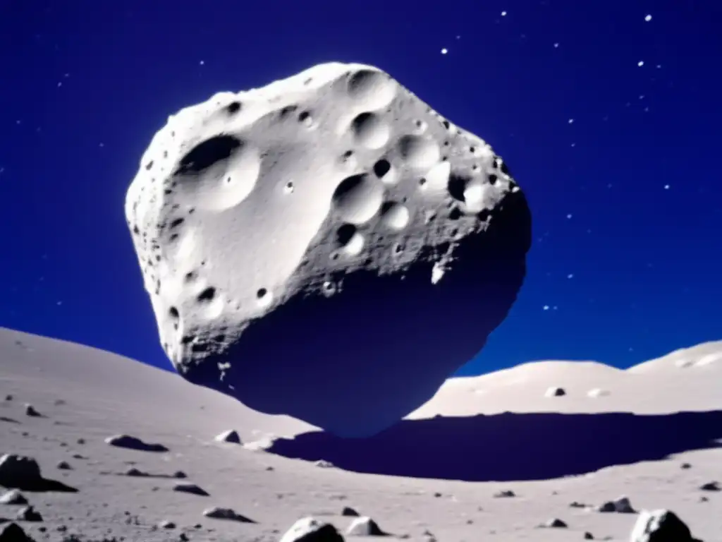 A stunning closeup view of 1999 JM8, a unique asteroid with jagged features, seen from a low angle against the deep blue canvas of space