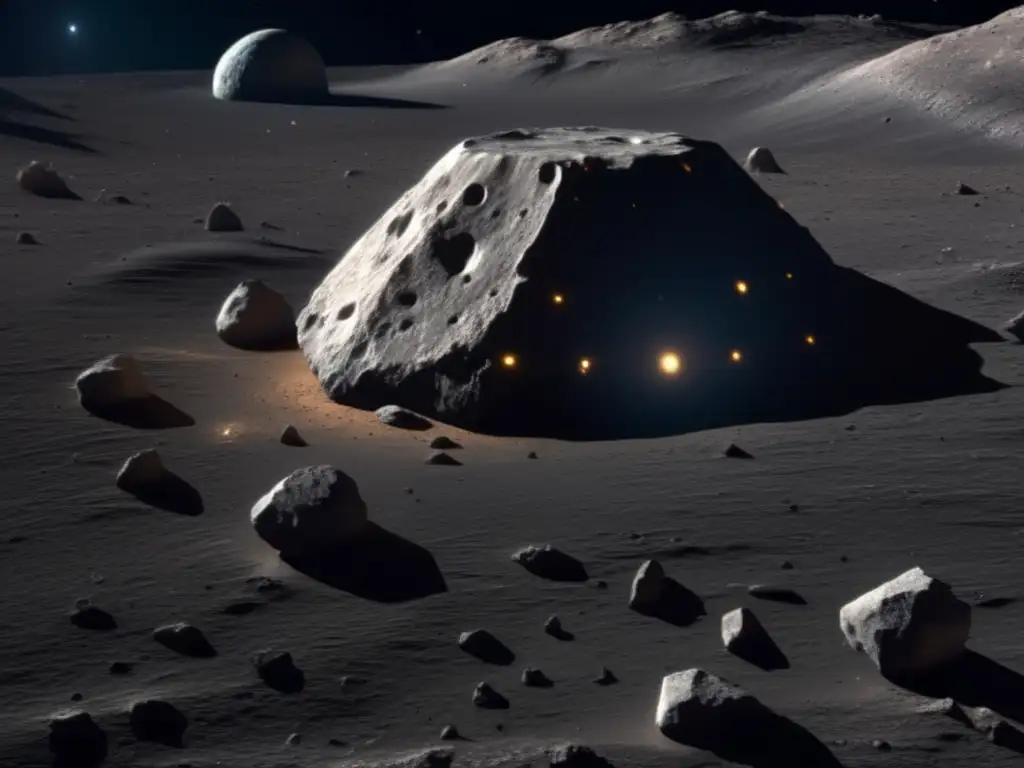 A breathtaking photorealistic image of a small spacecraft, meticulously designed, exploring Asteroid Kalliope's surface